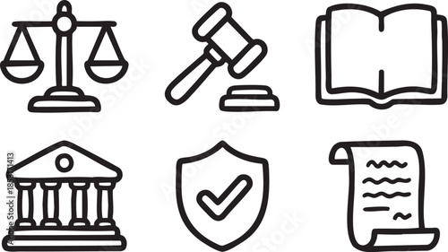 Six black legal and justice icons including scales gavel open book courthouse shield and scroll