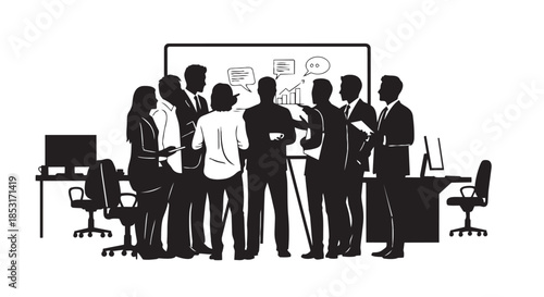 Silhouette of business team meeting around a whiteboard with diagrams