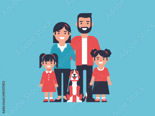 Family Portrait with Dog Happy Parents, Kids, and Pet Illustration