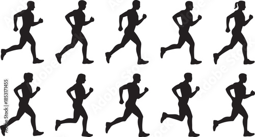 Silhouette Collection of Runners in Motion on White Background Keywords: running, runner, jogging, athlete, sport, fitness, exercise, motion, movement, silhouette, pose, race, marathon, track and