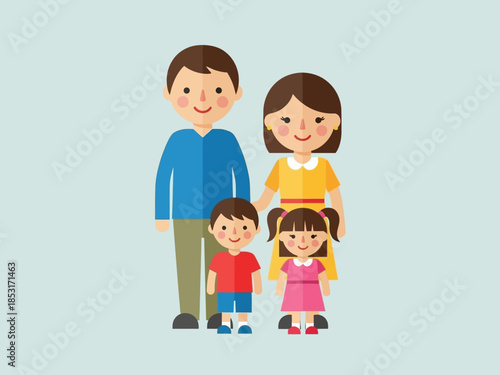 Happy Family Portrait Mother, Father, Son, and Daughter Illustration on Blue Background