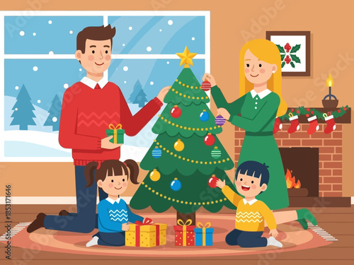 Festive Family Fun Decorating the Christmas Tree Together at Home