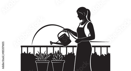 Silhouette of woman watering potted plants on balcony
