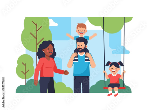 Happy Family Having Fun in Park Flat Vector Illustration