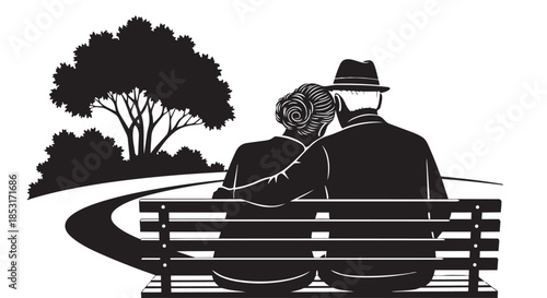 Elderly couple sitting on a park bench under a tree, back view illustration