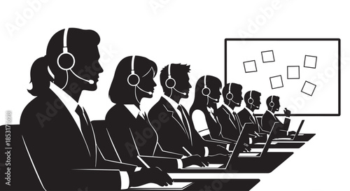 Silhouettes of customer service agents working in a call center