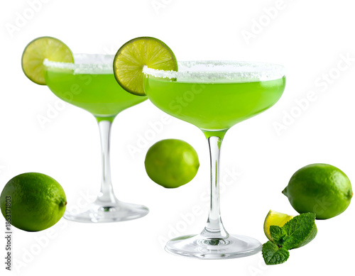Two bright green cocktails with lime garnishes on black