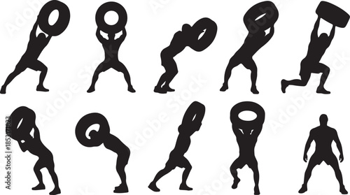 Silhouette Collection of Strongman Lifting Tire Exercises Keywords: strongman, tire lift, weightlifting, strength training, fitness, exercise, athlete, silhouette, pose, movement, power, muscle