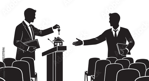 Real estate transaction handing over house keys at a presentation