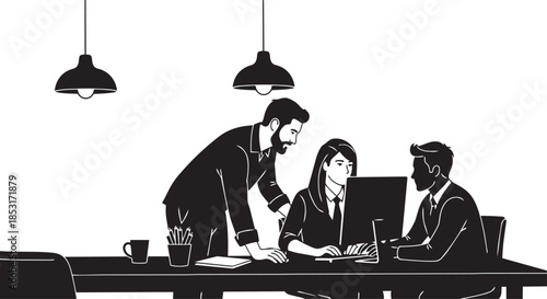 Business team collaboration around a computer in an office setting