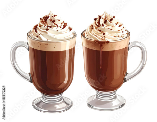 Two tall glasses of hot chocolate with whipped cream and chocolate shavings