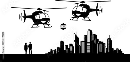 City Skyline Silhouette with Helicopters and Agents – Action Urban Vector Design