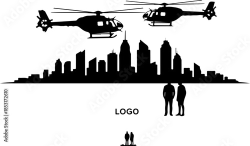 City Skyline Silhouette with Helicopters and Agents – Action Urban Vector Design