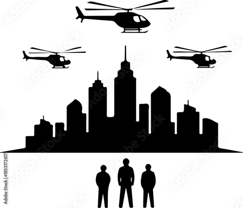 City Skyline Silhouette with Helicopters and Agents – Action Urban Vector Design