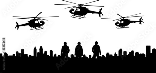 City Skyline Silhouette with Helicopters and Agents – Action Urban Vector Design
