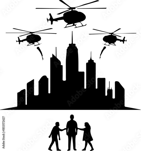 City Skyline Silhouette with Helicopters and Agents – Action Urban Vector Design