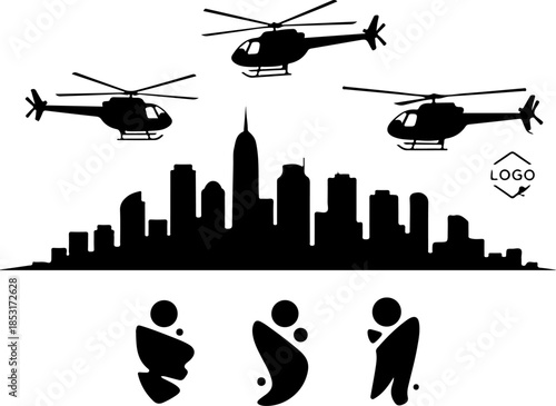 City Skyline Silhouette with Helicopters and Agents – Action Urban Vector Design