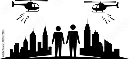 City Skyline Silhouette with Helicopters and Agents – Action Urban Vector Design