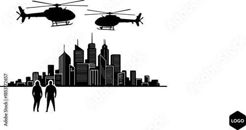 City Skyline Silhouette with Helicopters and Agents – Action Urban Vector Design
