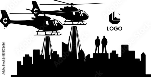 City Skyline Silhouette with Helicopters and Agents – Action Urban Vector Design