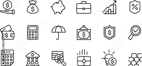 Comprehensive set of financial and business outline icons perfect for banking apps investment platforms and accounting software interfaces