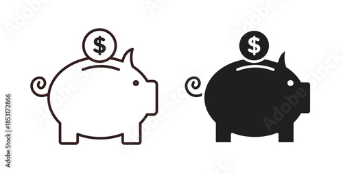 Piggy bank icons. thin line and glyph vector icons pack on white background