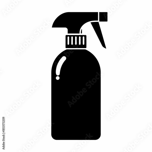 Minimalist black silhouette illustration depicting a multi-purpose spray bottle, equipped with a trigger pump, suitable for a range of household, gardening, and sanitization uses