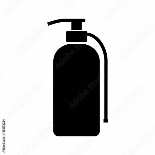 A black silhouette of a pump dispenser bottle with a curved nozzle and a handle or loop on the side, representing hygiene and sanitation products