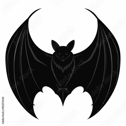 Illustration of a black bat with open wings on a white background