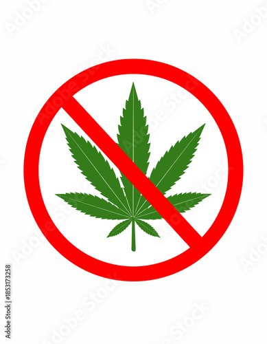 Concept of cannabis prohibition, indicating a warning against marijuana use, illegal drugs, or forbidden substances with a clear graphic symbol