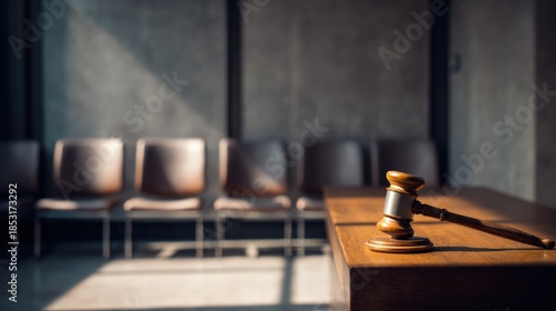 Gavel On Courtroom Bench With Empty Chairs In Background Symbolizing Justice And Legal Proceedings