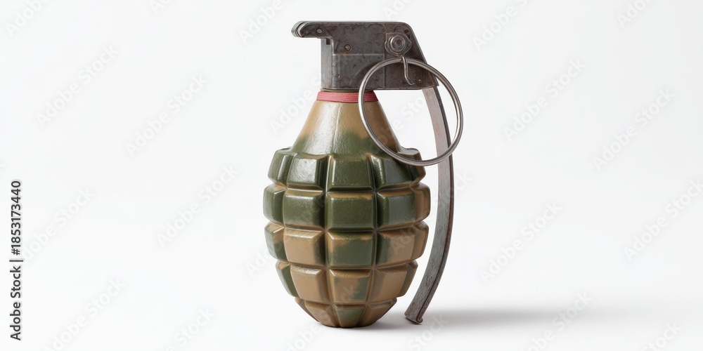 Naklejka premium Green hand grenade with pull ring on white background