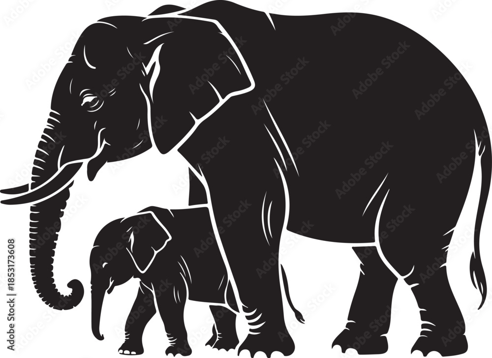 Fototapeta premium Silhouette of an adult elephant and a baby elephant walking together elephants calf
