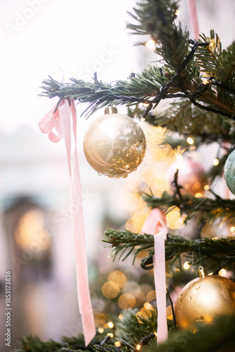 Christmas trees decorated with Christmas balls on the city streets
