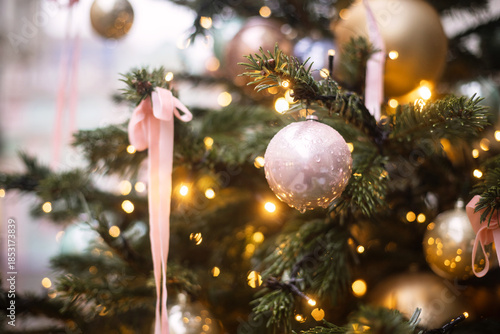 Christmas trees decorated with Christmas balls on the city streets
