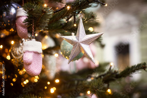 Christmas trees decorated with Christmas balls on the city streets
