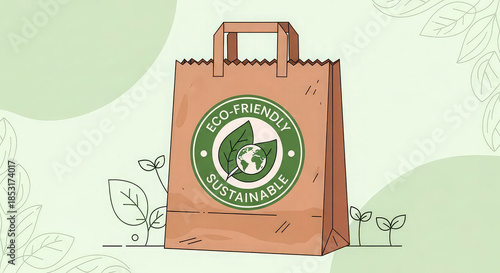 Eco friendly sustainable brown paper bag with green logo and leaf design