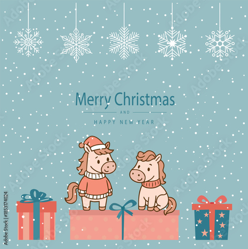 Adorable horses in winter attire surrounded by festive gifts and snowflakes. 