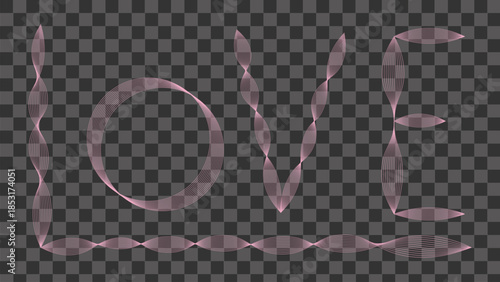 Abstract pink word love made of wavy lines on transparent background