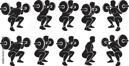 Silhouette sequence of a person performing barbell squats in various stages of the exercise weightlifting