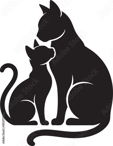 Silhouette of Mother Cat and Kitten Sitting Together Keywords: cat, kitten, feline, animal, pet, domestic, silhouette, black and white, sitting, together, mother, child, love, companionship