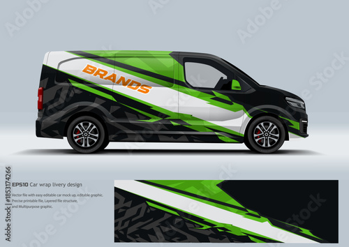 van wrap designs for commercial branding. The series includes a bold red and black speed-line design, a vibrant lime green and black corporate style, and a modern blue geometric camouflage pattern.