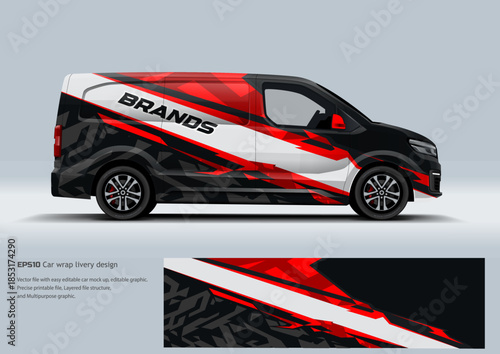 van wrap designs for commercial branding. The series includes a bold red and black speed-line design, a vibrant lime green and black corporate style, and a modern blue geometric camouflage pattern.