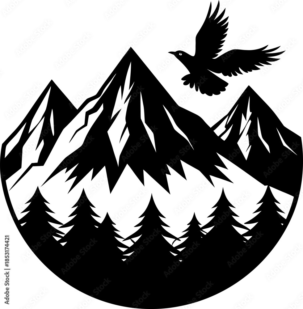 Obraz premium Silhouette of a Sharp Mountain Range with a Lone Eagle, Lone Eagle Flying Over Mountain Silhouette, Sharp Mountain Peaks Silhouette, Majestic Mountain Range with Eagle Graphic