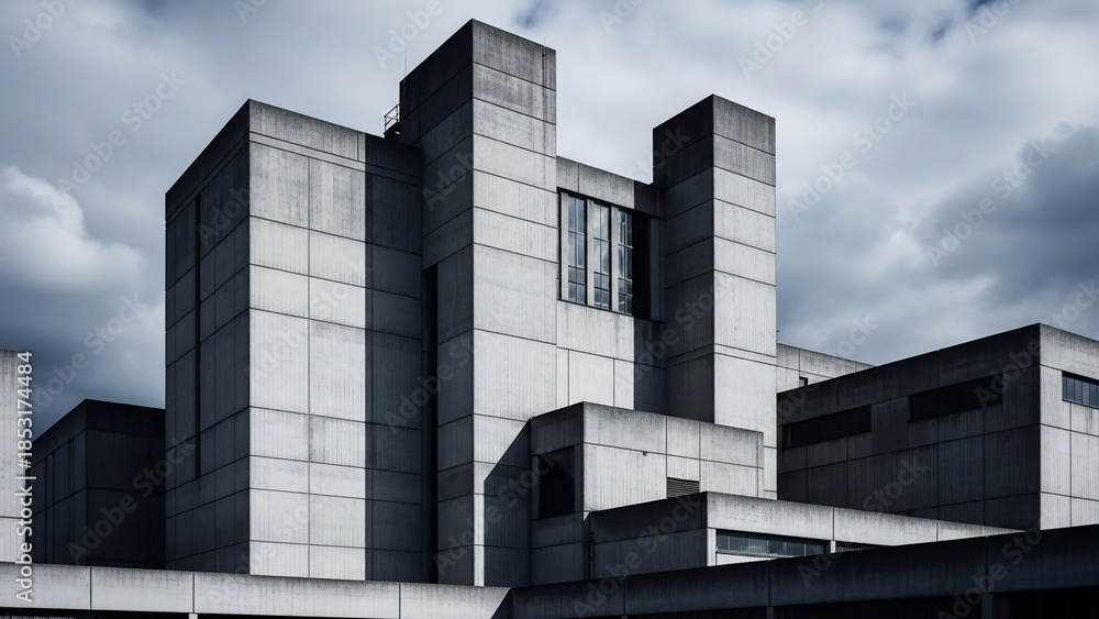Obraz premium Brutalist concrete architecture under dramatic cloudy sky, showcasing geometric shapes and imposing structure.