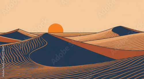 Vibrant desert landscape with sand dunes at sunset, warm orange and dark blue hues