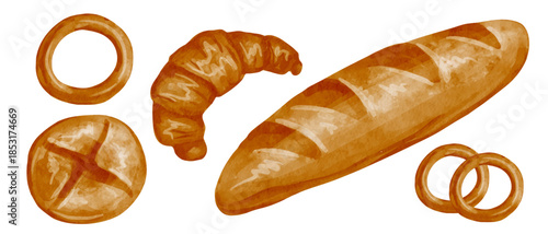 Set of fresh baked goods, bread, bagels, and croissants. Vector graphics.