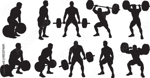 Silhouette sequence of a person performing weightlifting exercises including deadlifts and overhead presses