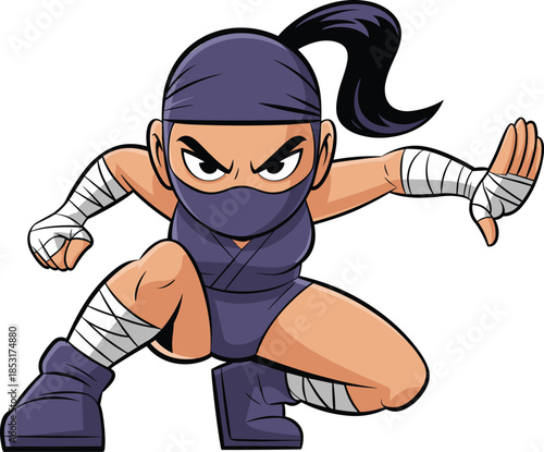 Fierce cartoon ninja warrior character dynamic action pose martial arts vector illustration isolated on white background powerful design style mascot