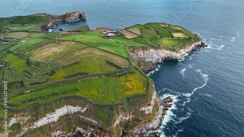 Green farmland terraces on coastal cliffs above Atlantic Ocean, volcanic Azores Islands. Aerial view